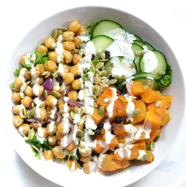 Kale, Butternut Squash & Chickpea Caesar Bowls