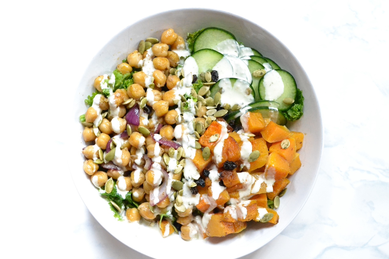 Kale, Butternut Squash & Chickpea Caesar Bowls