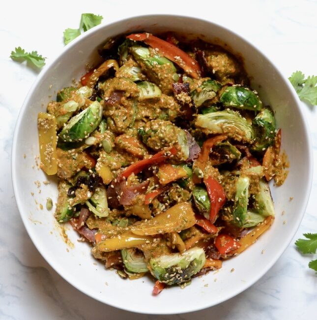 Brussels Sprouts Salad with Smoky Red Pepper Pesto