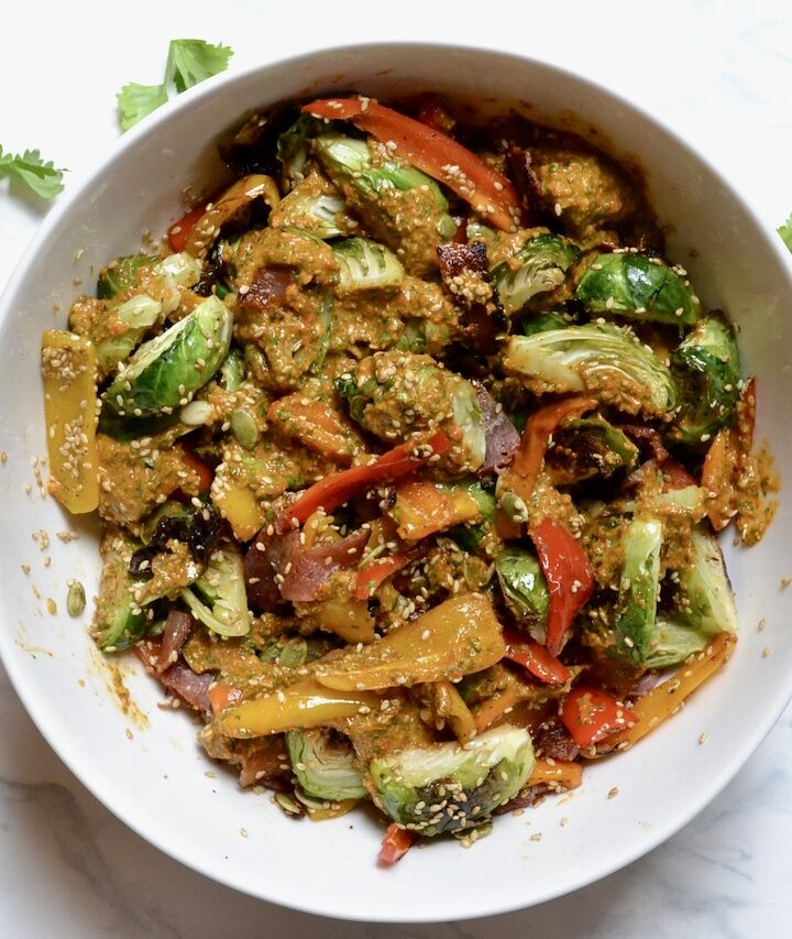 Brussels Sprouts Salad with Smoky Red Pepper Pesto