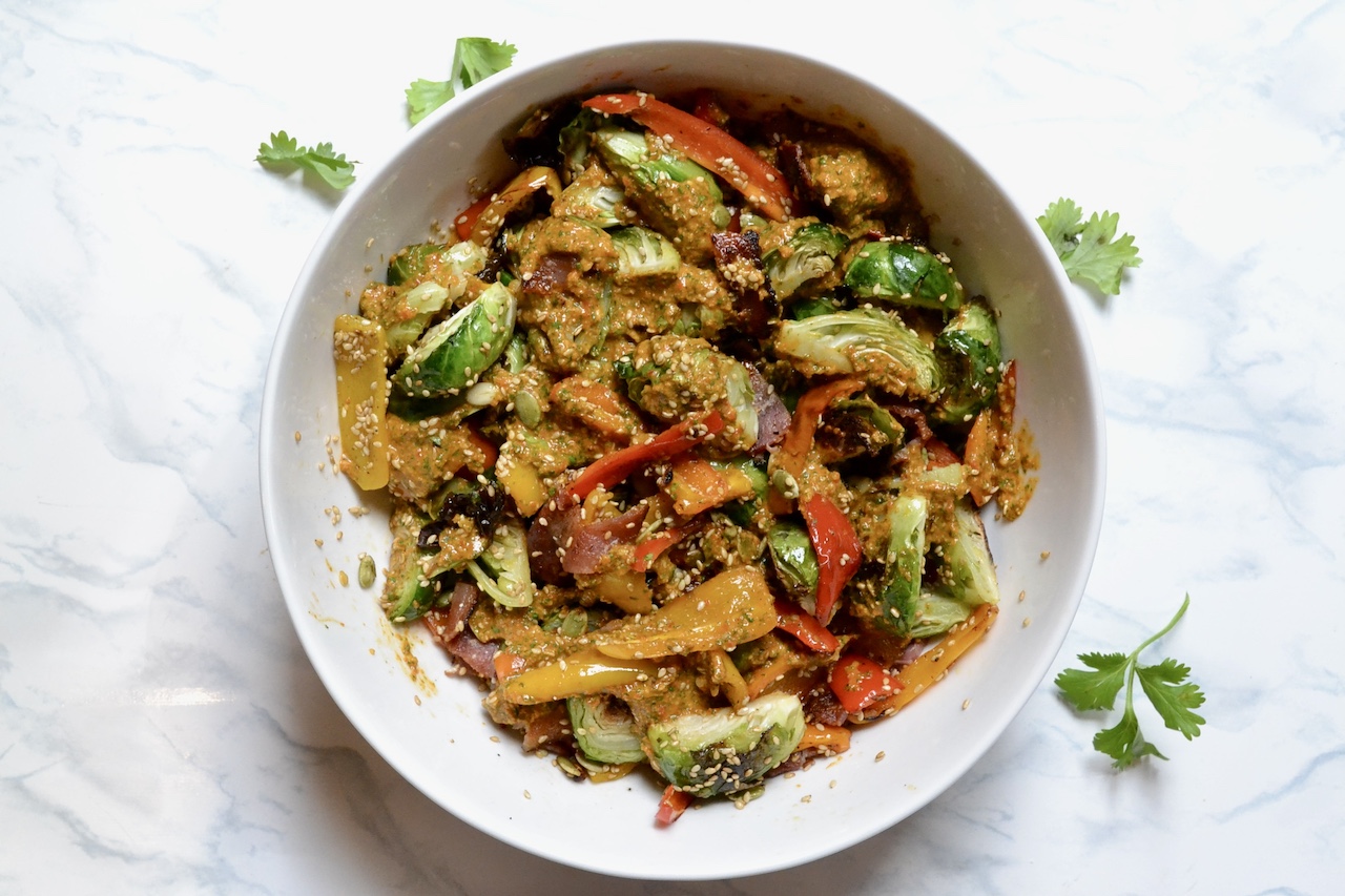 Brussels Sprouts Salad with Smoky Red Pepper Pesto